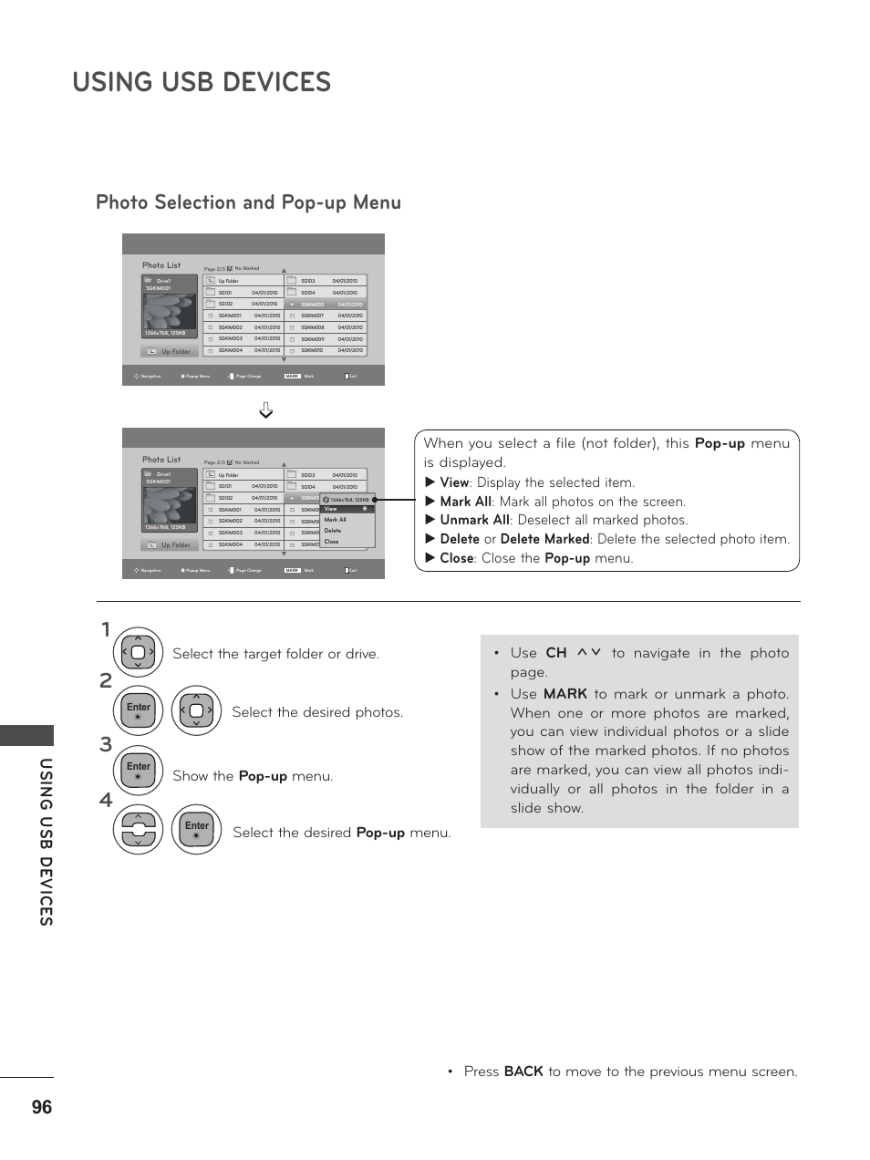 Using usb devices, Photo selection and pop-up menu, Usin g u sb d ev ic es | LG M2380D-PU User Manual | Page 96 / 126