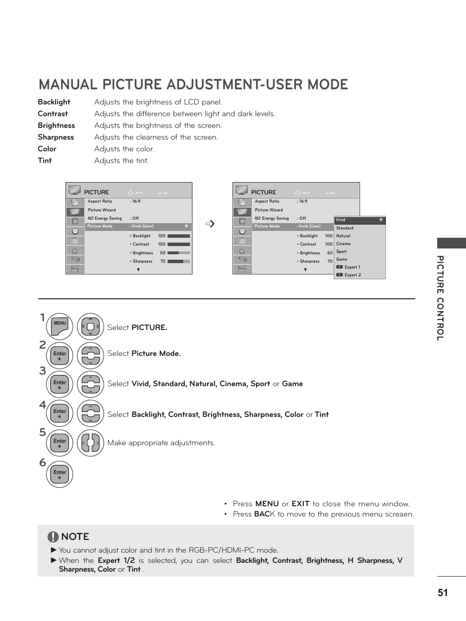 Manual picture adjustment-user mode | LG M2280D-PU User Manual | Page 51 / 124
