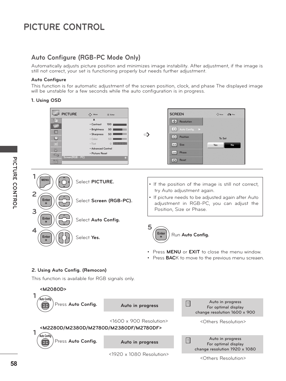 Auto configure (rgb-pc mode only), Picture control | LG M2280D-PU User Manual | Page 58 / 124