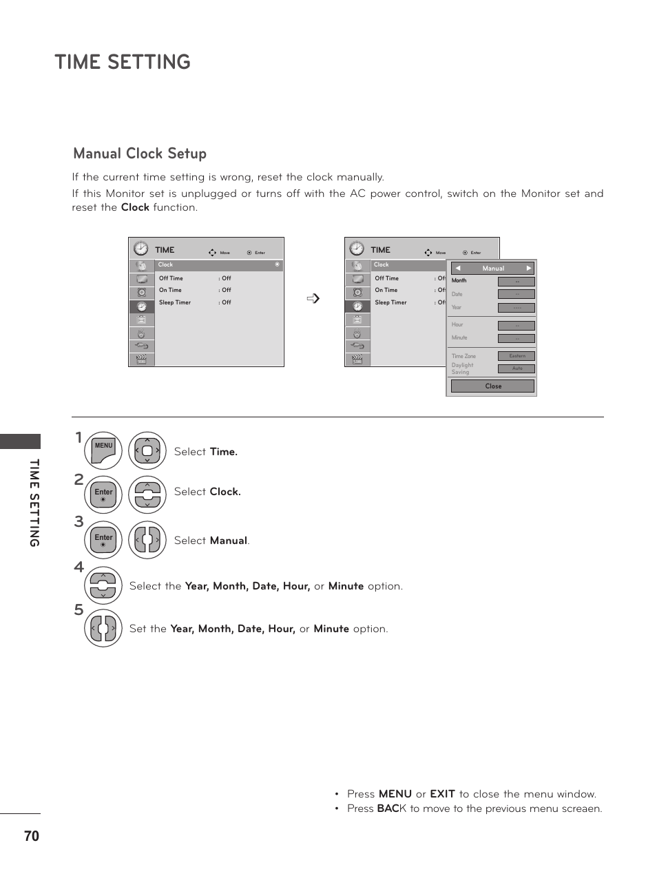 Manual clock setup, Time setting, Tim e se tt in g | LG M2280D-PU User Manual | Page 70 / 124