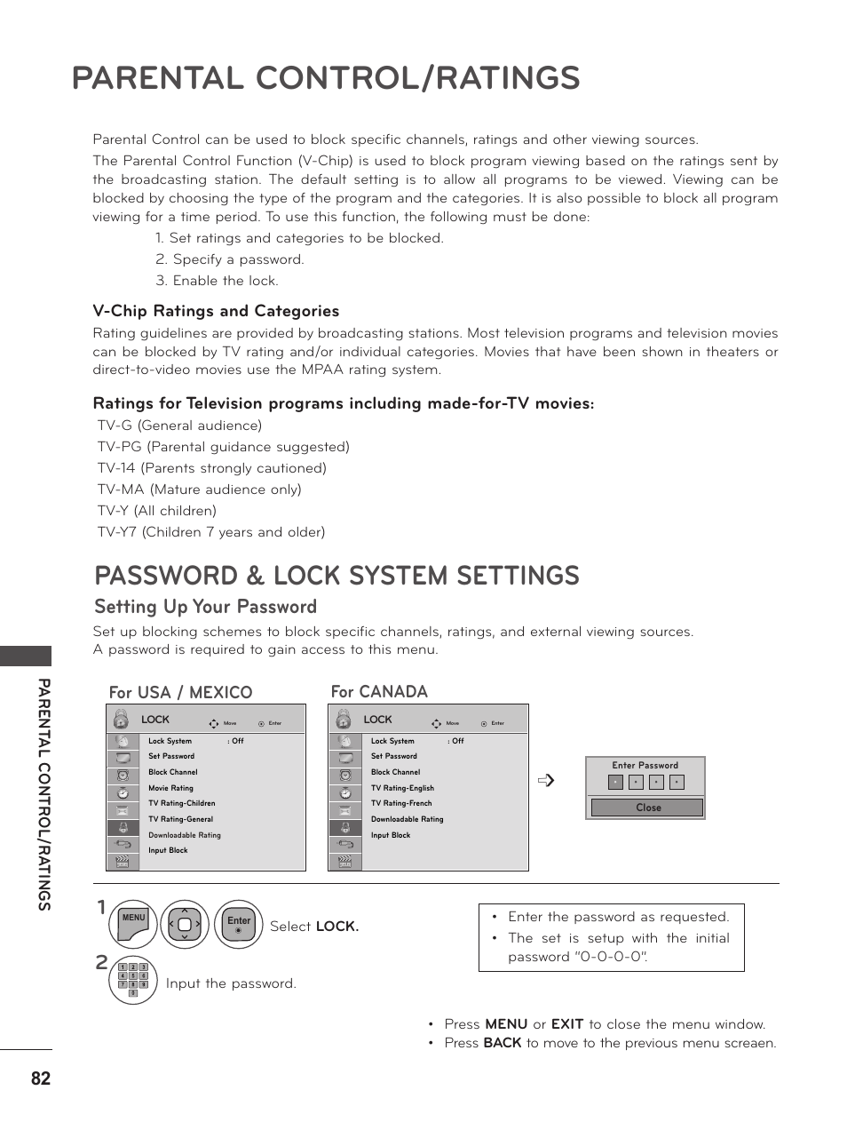 Parental control/ratings, Password & lock system settings, Setting up your password | V-chip ratings and categories, For usa / mexico for canada | LG M2280D-PU User Manual | Page 82 / 124