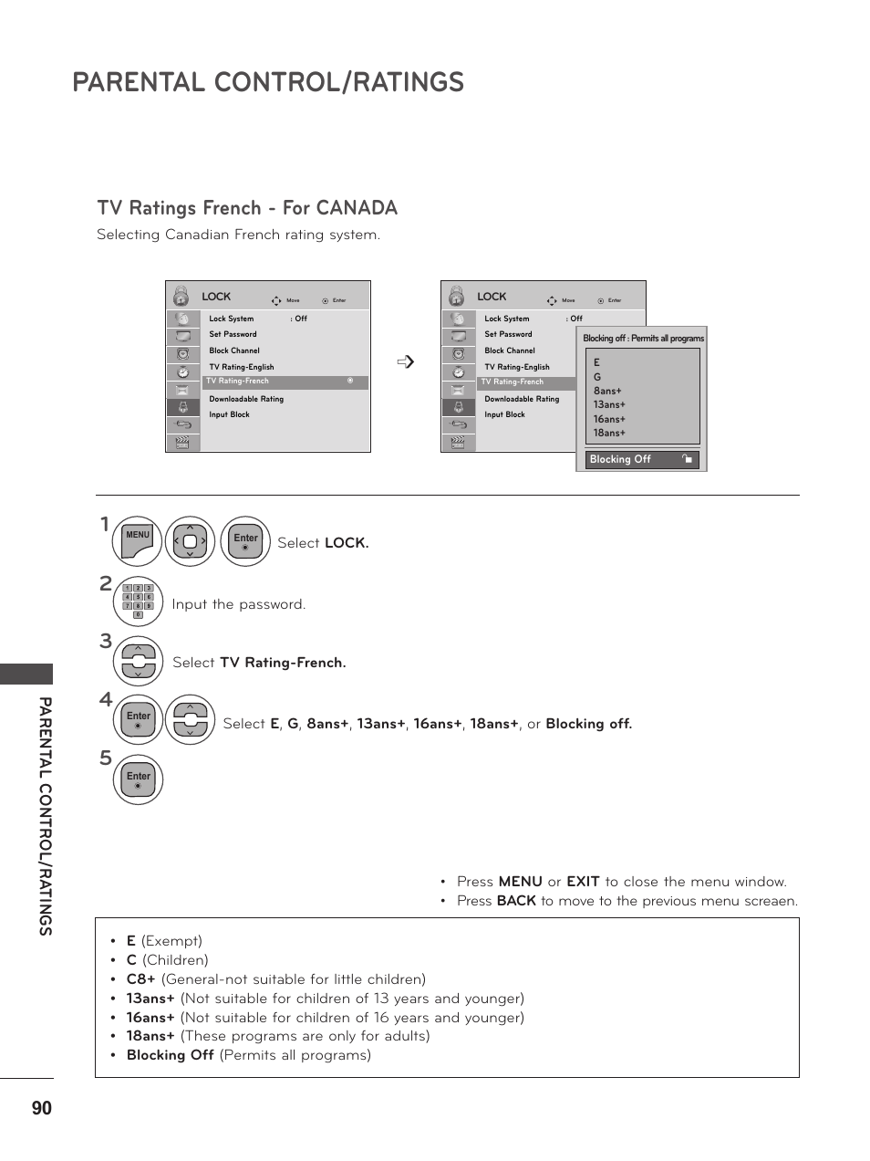 Tv ratings french - for canada, Parental control/ratings | LG M2280D-PU User Manual | Page 90 / 124