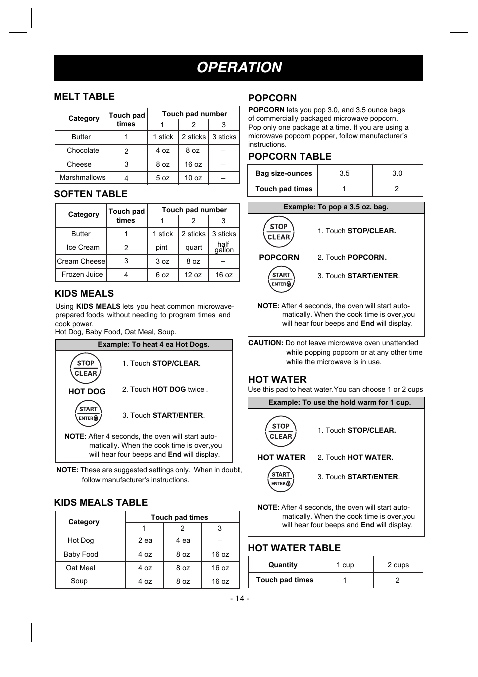 Operation, Popcorn, Popcorn table | Hot water, Melt table soften table, Kids meal s, Kids meals table, Hot water table | LG LMV1680ST User Manual | Page 14 / 32