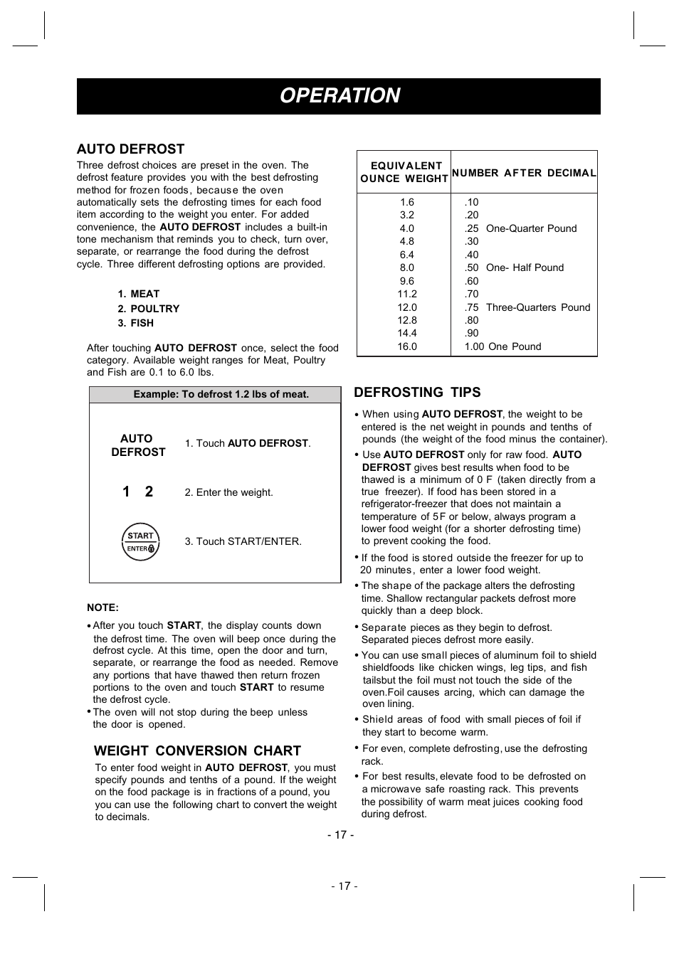 Operation, Auto defrost, Defrosting tips | Weight conversion chart | LG LMV1680ST User Manual | Page 17 / 32