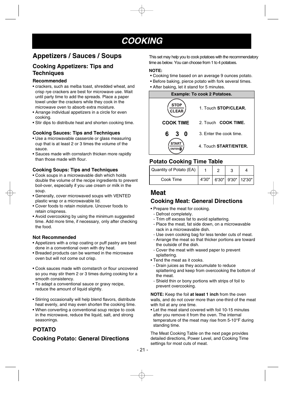 Cooking, Appetizers / sauces / soups, Meat | Cooking appetizers: tips and techniques, Potato, Potato cooking time table, Cooking meat: general directions, Cooking potato: general directions | LG LMV1680ST User Manual | Page 21 / 32