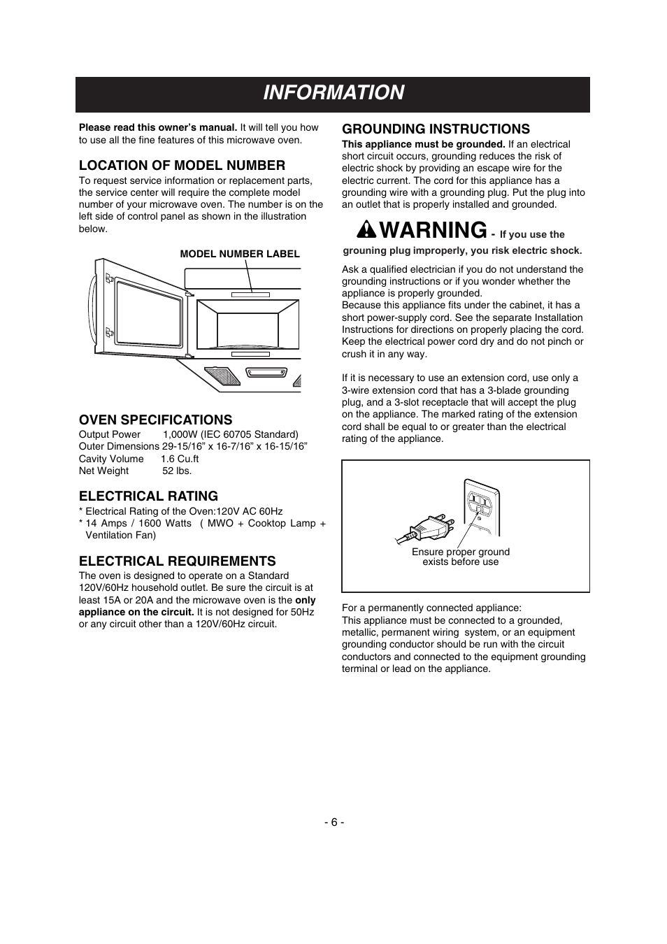 Warning, Information | LG LMV1680ST User Manual | Page 6 / 32