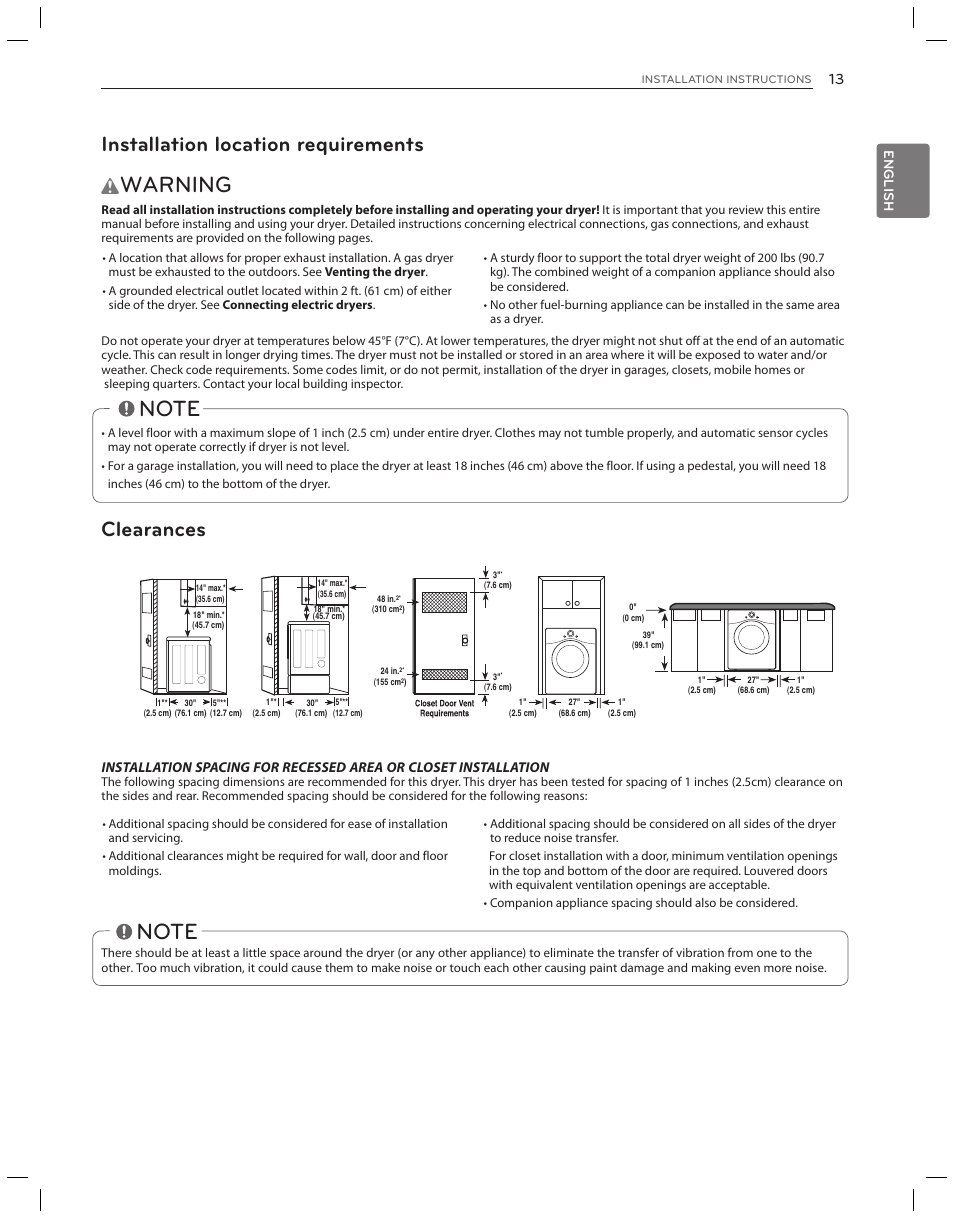 Warning, Installation location requirements, Clearances | English | LG DLG3051W User Manual | Page 13 / 84