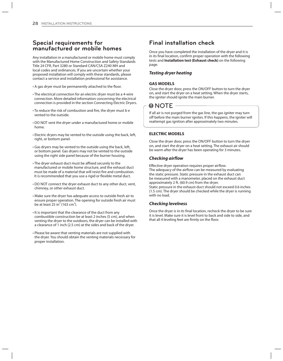 Final installation check | LG DLG3051W User Manual | Page 28 / 84