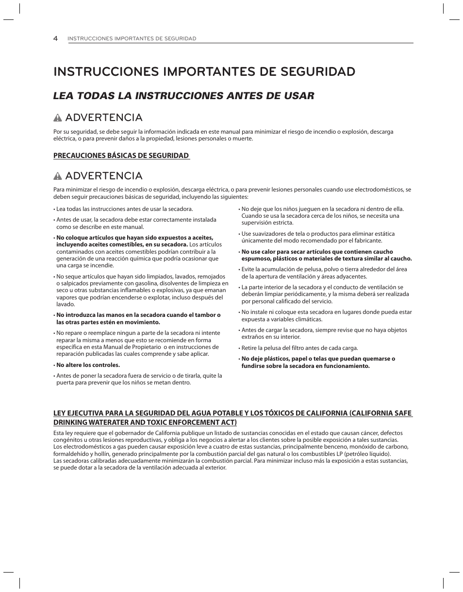 Instrucciones importantes de seguridad, Advertencia, Lea todas la instrucciones antes de usar w | LG DLG3051W User Manual | Page 46 / 84