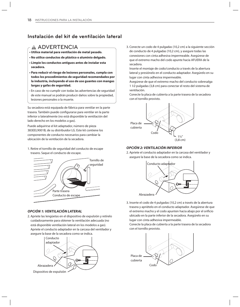 Advertencia, Instalación del kit de ventilación lateral | LG DLG3051W User Manual | Page 60 / 84