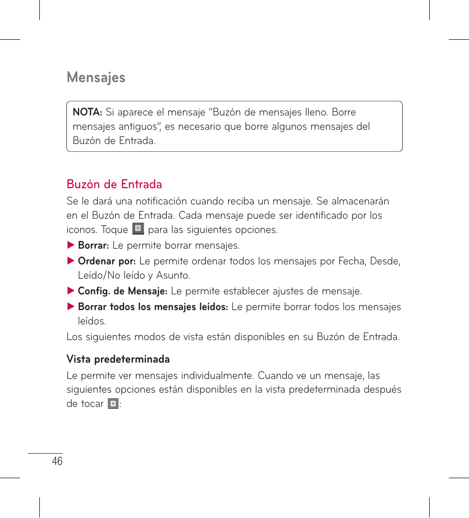 Buzón de entrada, Mensajes | LG LG306G User Manual | Page 134 / 186