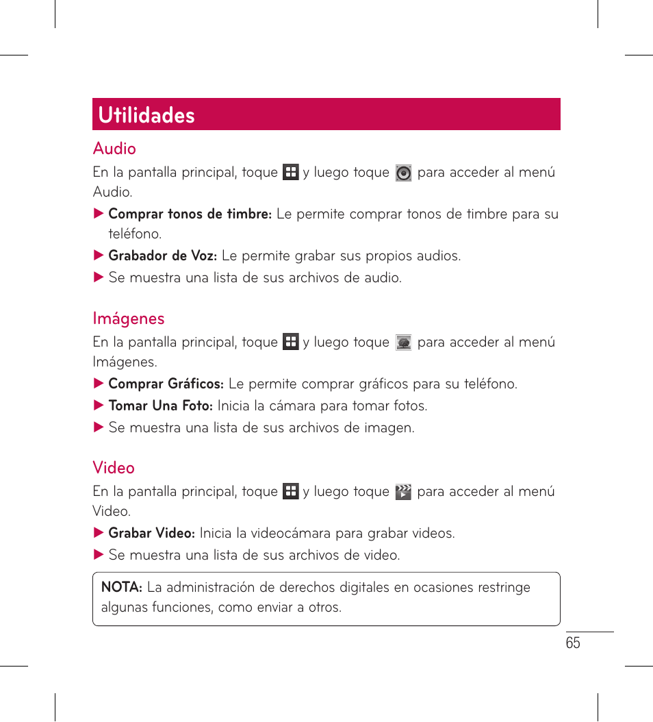 Utilidades, Audio, Imágenes | Video, Audio imágenes video | LG LG306G User Manual | Page 153 / 186