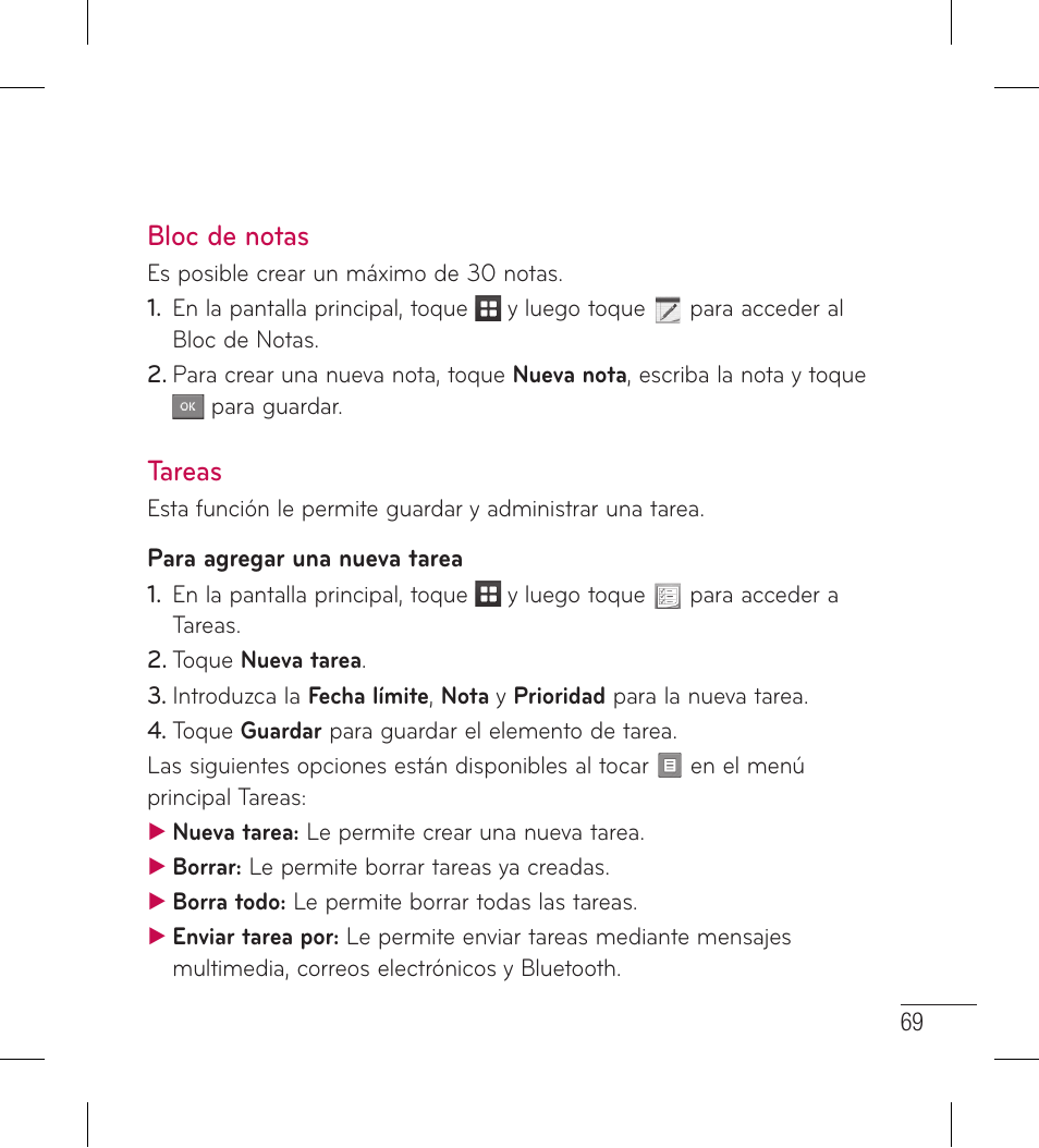 Bloc de notas, Tareas, Bloc de notas tareas | LG LG306G User Manual | Page 157 / 186