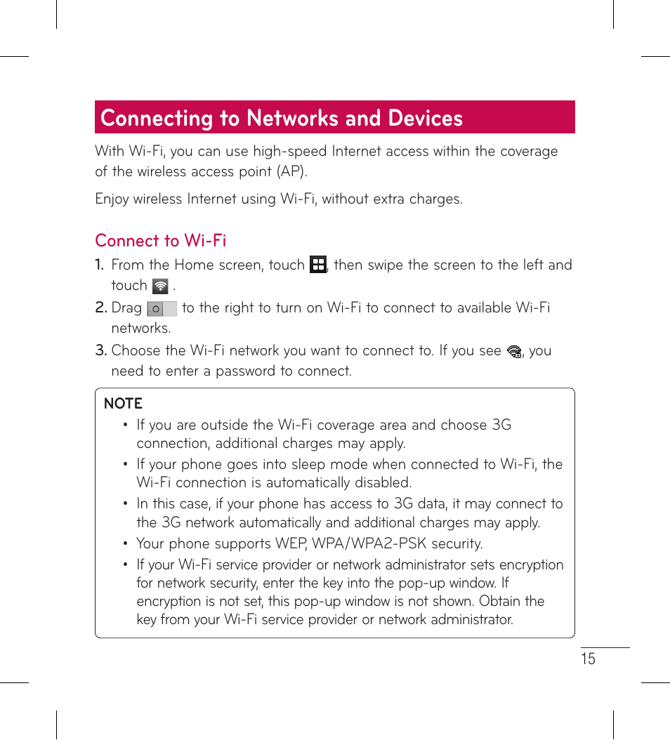 Connecting to networks and devices, Connect to wi-fi, Connecting to networks and | Devices | LG LG306G User Manual | Page 17 / 186