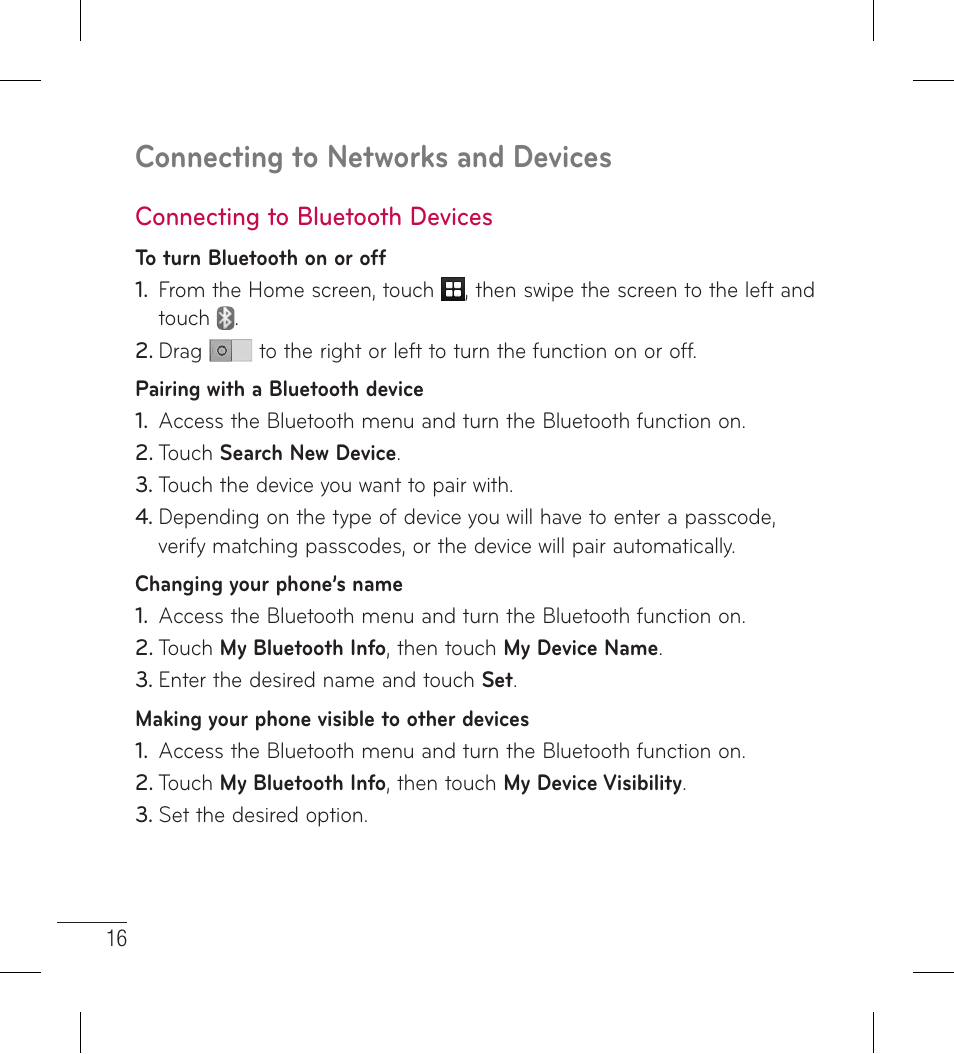Connecting to bluetooth devices, Connecting to bluetooth devices 16, Connecting to networks and devices | LG LG306G User Manual | Page 18 / 186