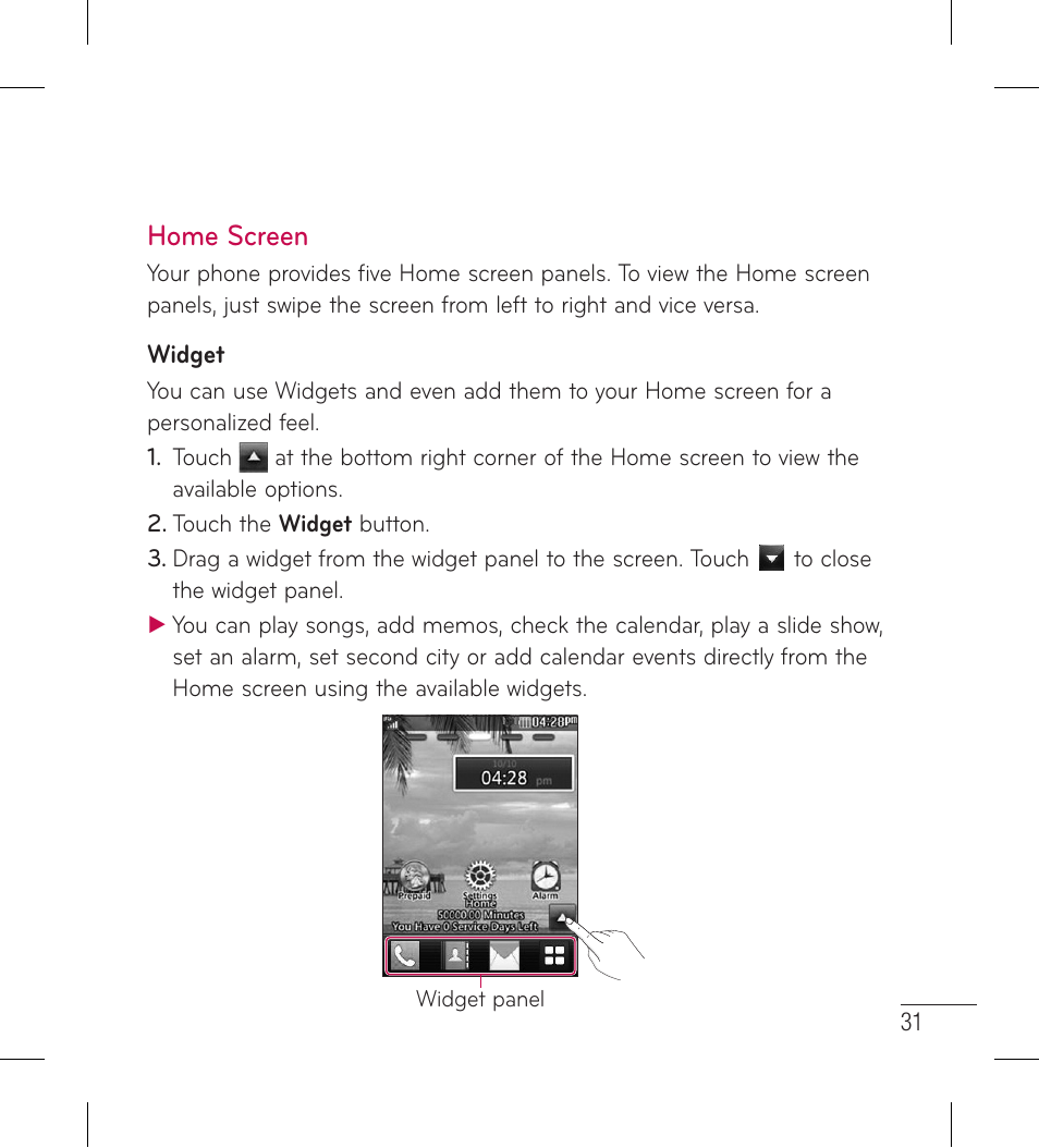 Home screen | LG LG306G User Manual | Page 33 / 186
