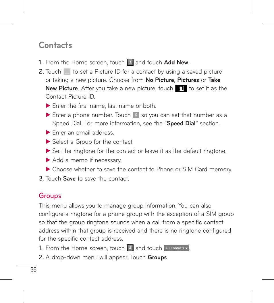 Groups, Contacts | LG LG306G User Manual | Page 38 / 186