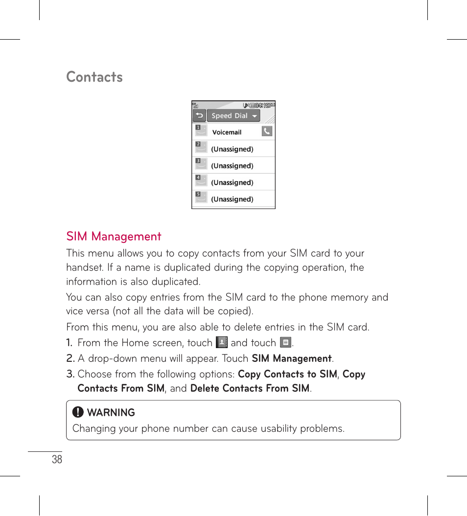 Contacts | LG LG306G User Manual | Page 40 / 186
