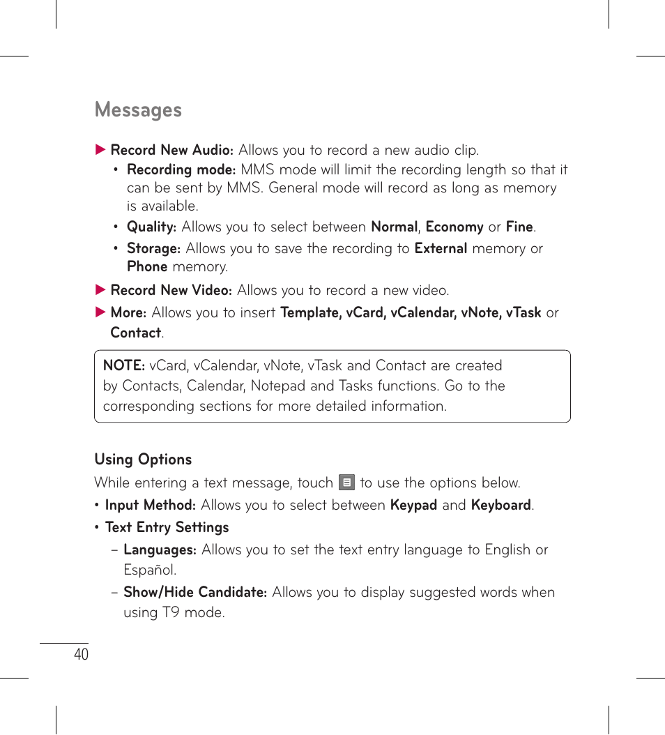 Messages | LG LG306G User Manual | Page 42 / 186