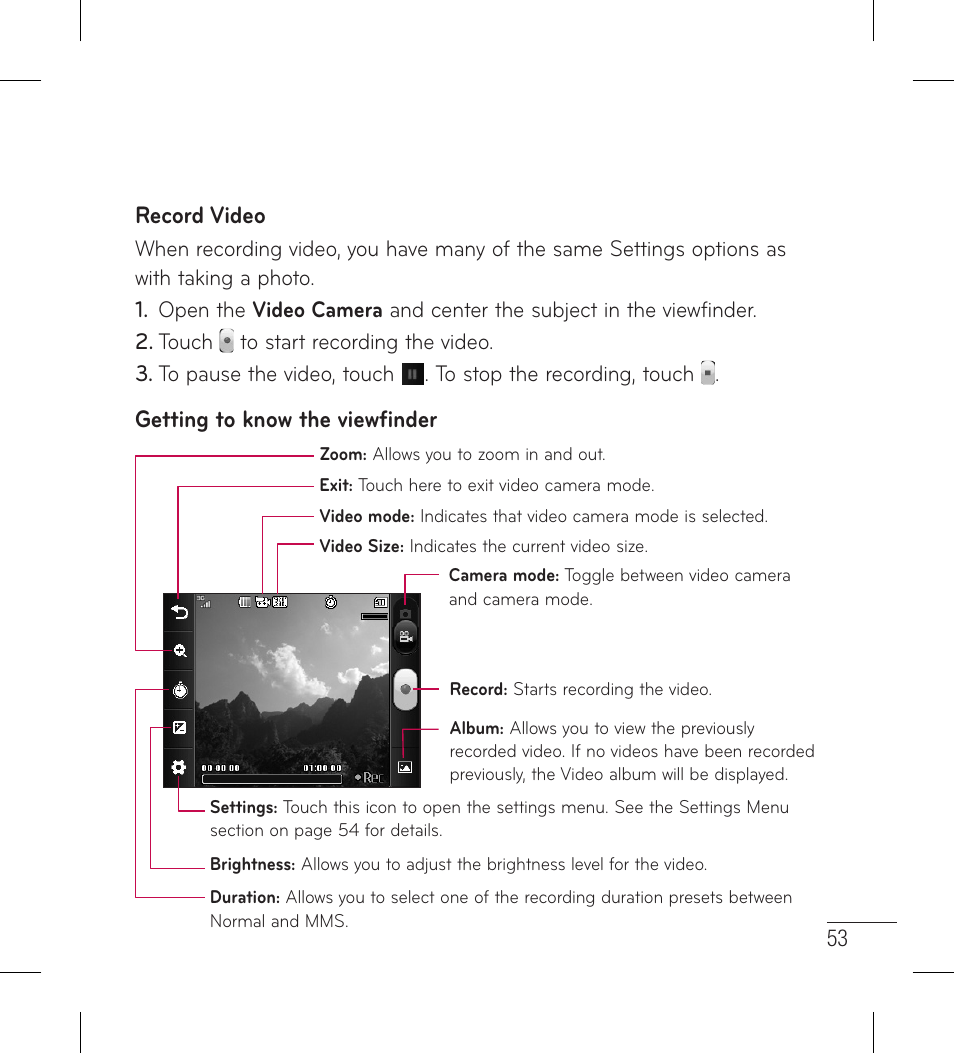 Record video, Getting to know the viewfinder | LG LG306G User Manual | Page 55 / 186