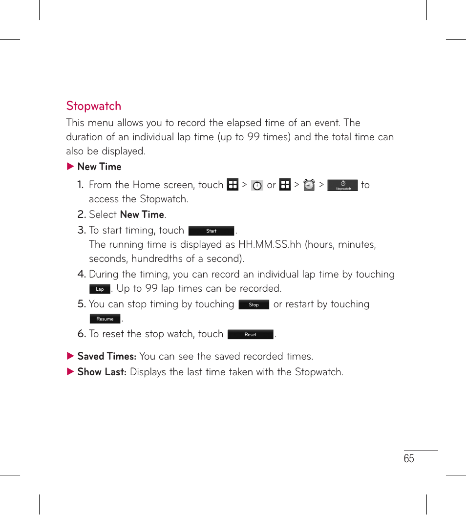Stopwatch | LG LG306G User Manual | Page 67 / 186