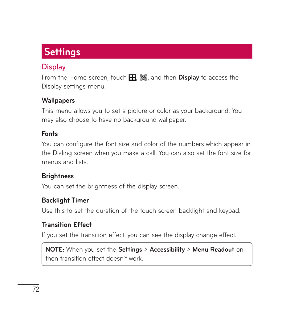 Settings, Display | LG LG306G User Manual | Page 74 / 186