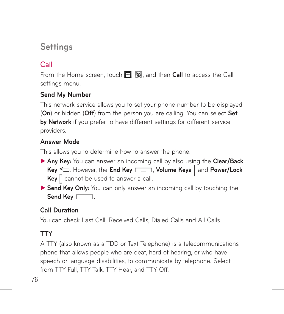 Call, Settings | LG LG306G User Manual | Page 78 / 186