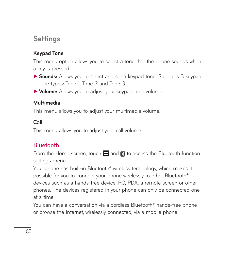 Bluetooth, Settings | LG LG306G User Manual | Page 82 / 186
