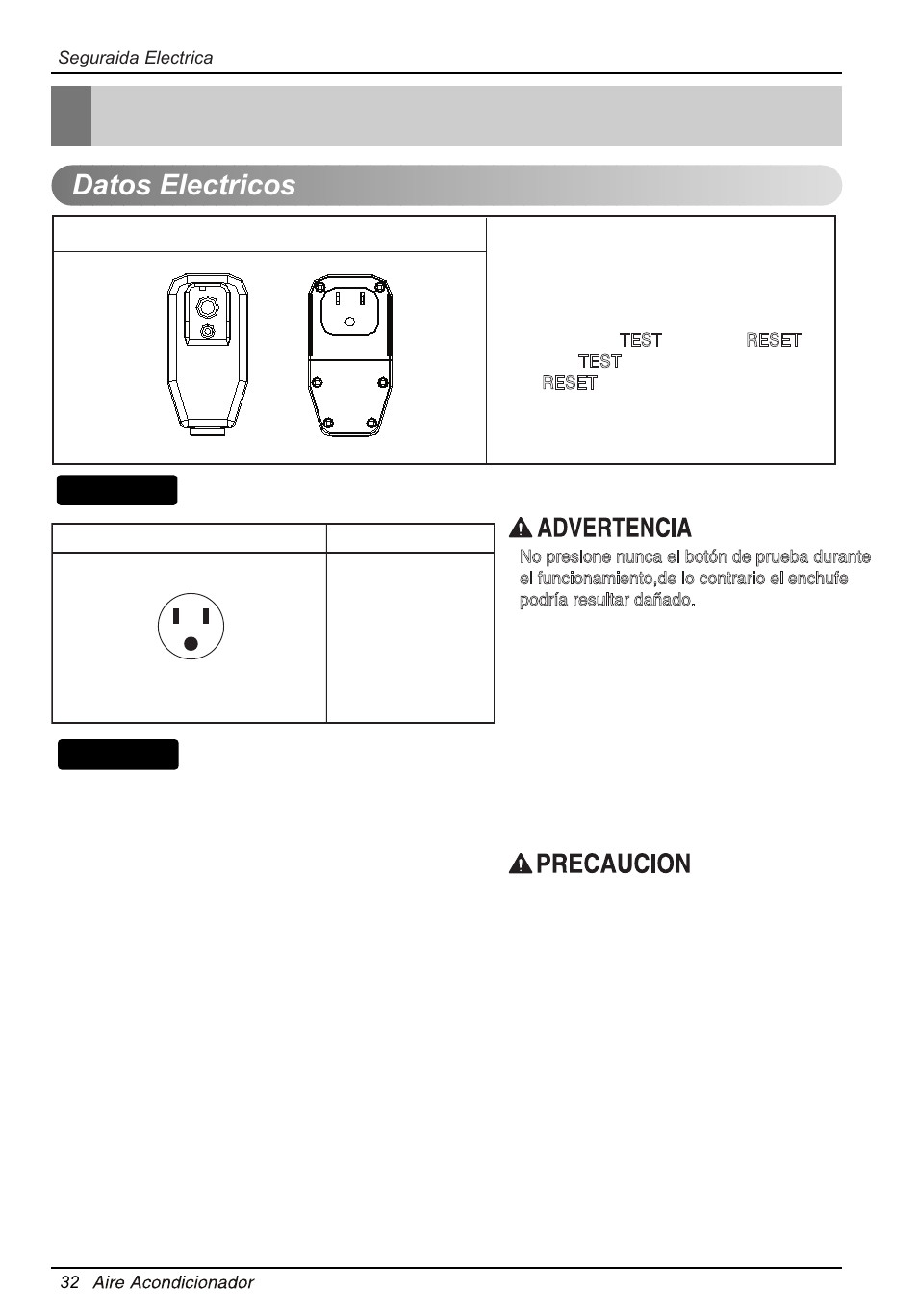 Т³гж 34, Seguraida electrica, Datos electricos | Consejo | LG LW1014ER User Manual | Page 32 / 48