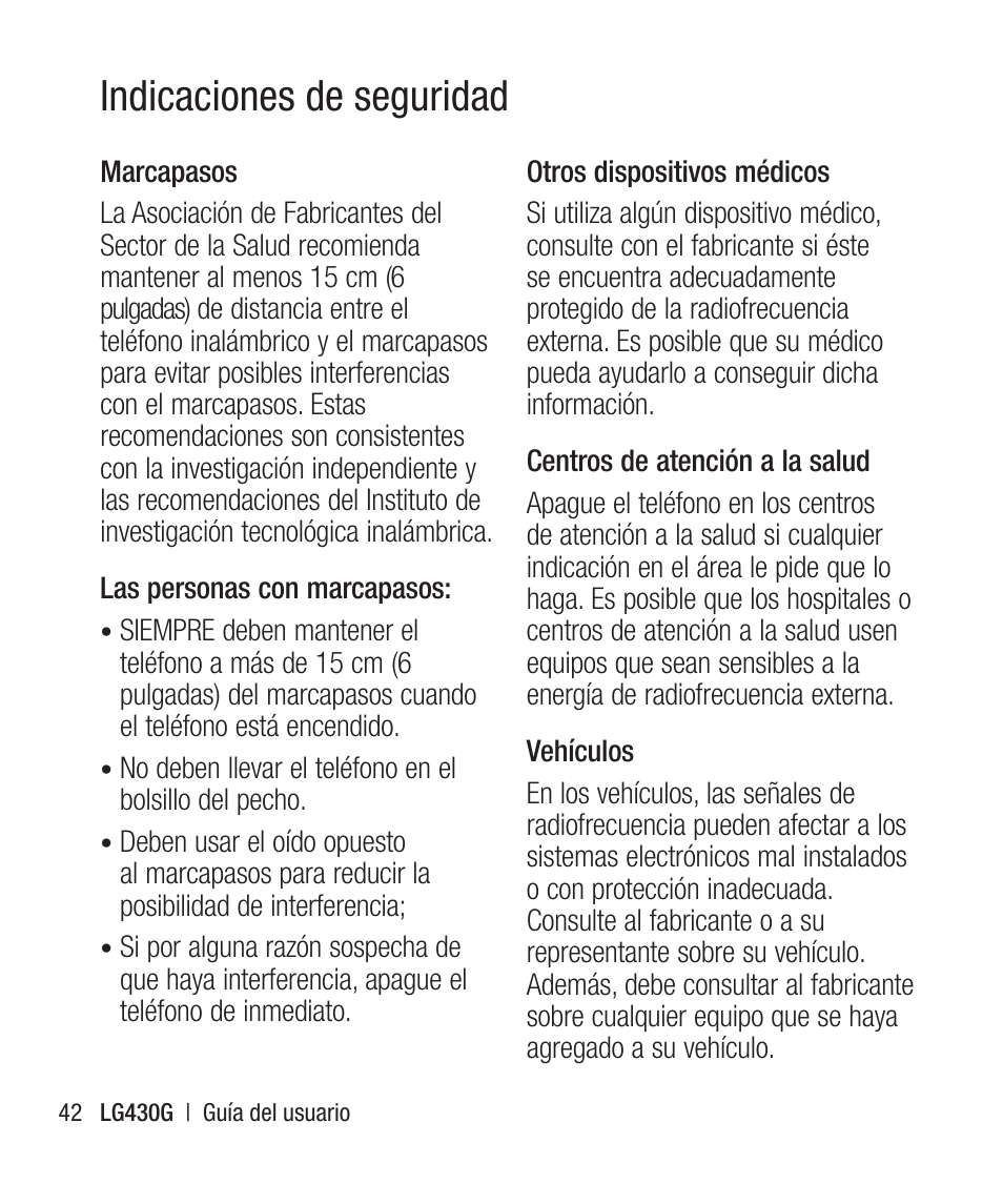 Indicaciones de seguridad | LG LG430G User Manual | Page 101 / 121