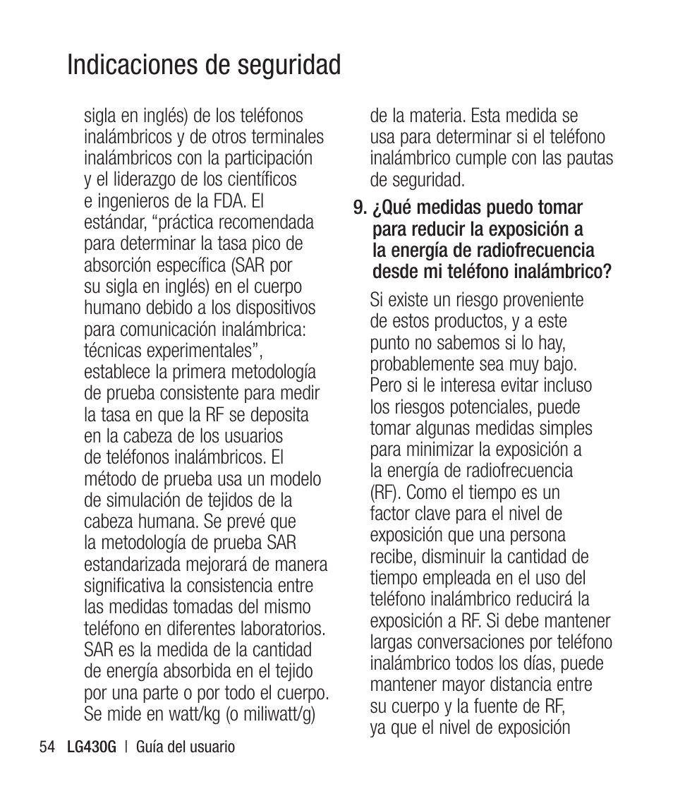 Indicaciones de seguridad | LG LG430G User Manual | Page 113 / 121