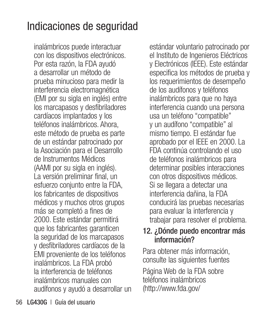 Indicaciones de seguridad | LG LG430G User Manual | Page 115 / 121