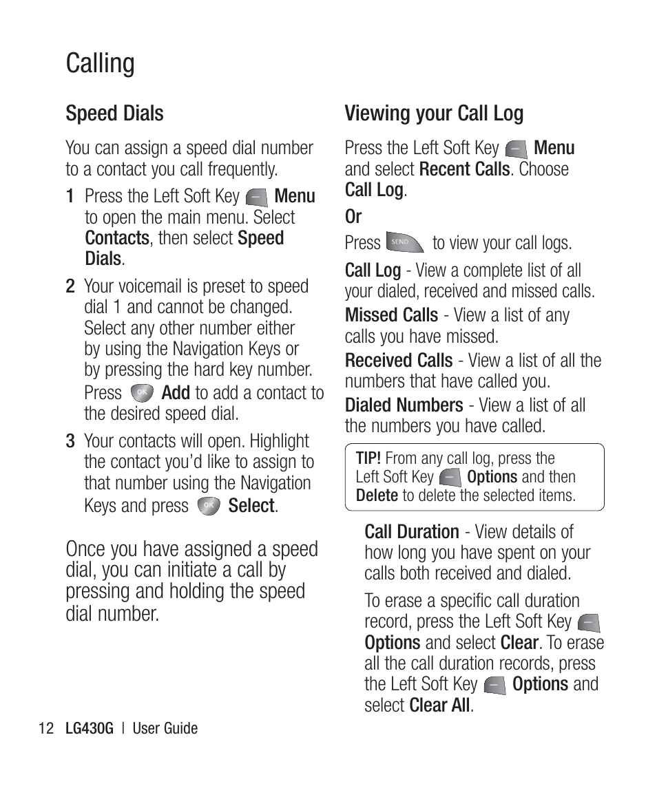 Speed dials, Viewing your call log, Calling | LG LG430G User Manual | Page 14 / 121