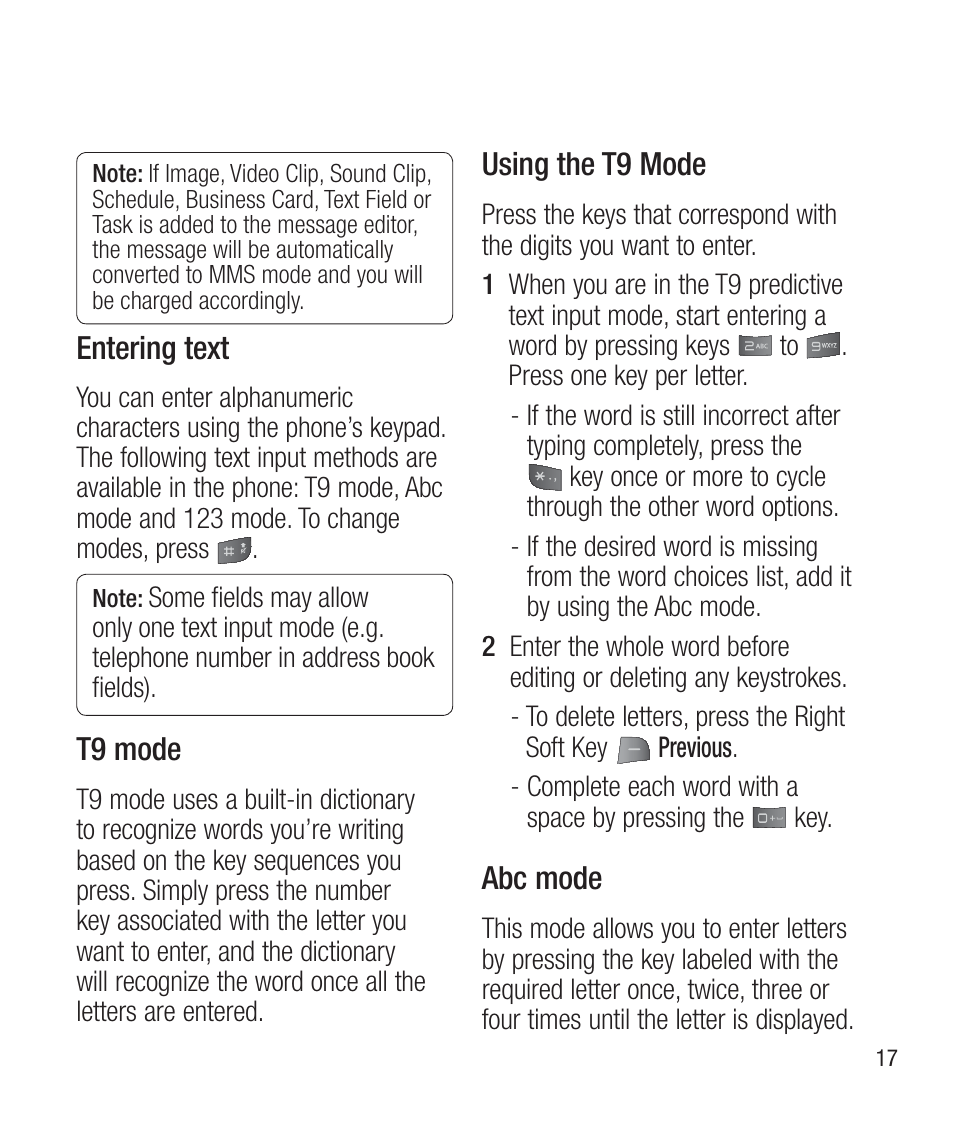Entering text, T9 mode, Using the t9 mode | Abc mode | LG LG430G User Manual | Page 19 / 121