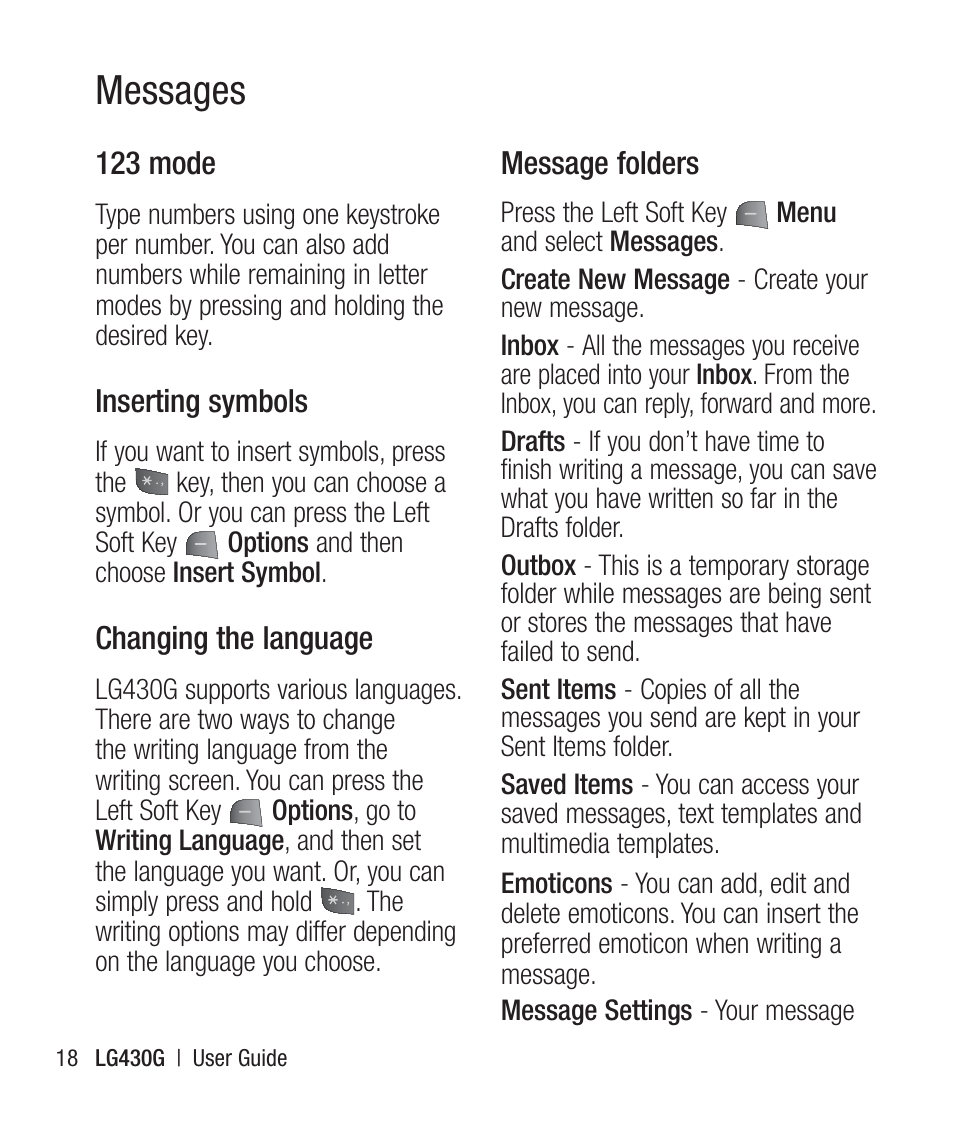 123 mode, Inserting symbols, Changing the language | Message folders, Messages | LG LG430G User Manual | Page 20 / 121