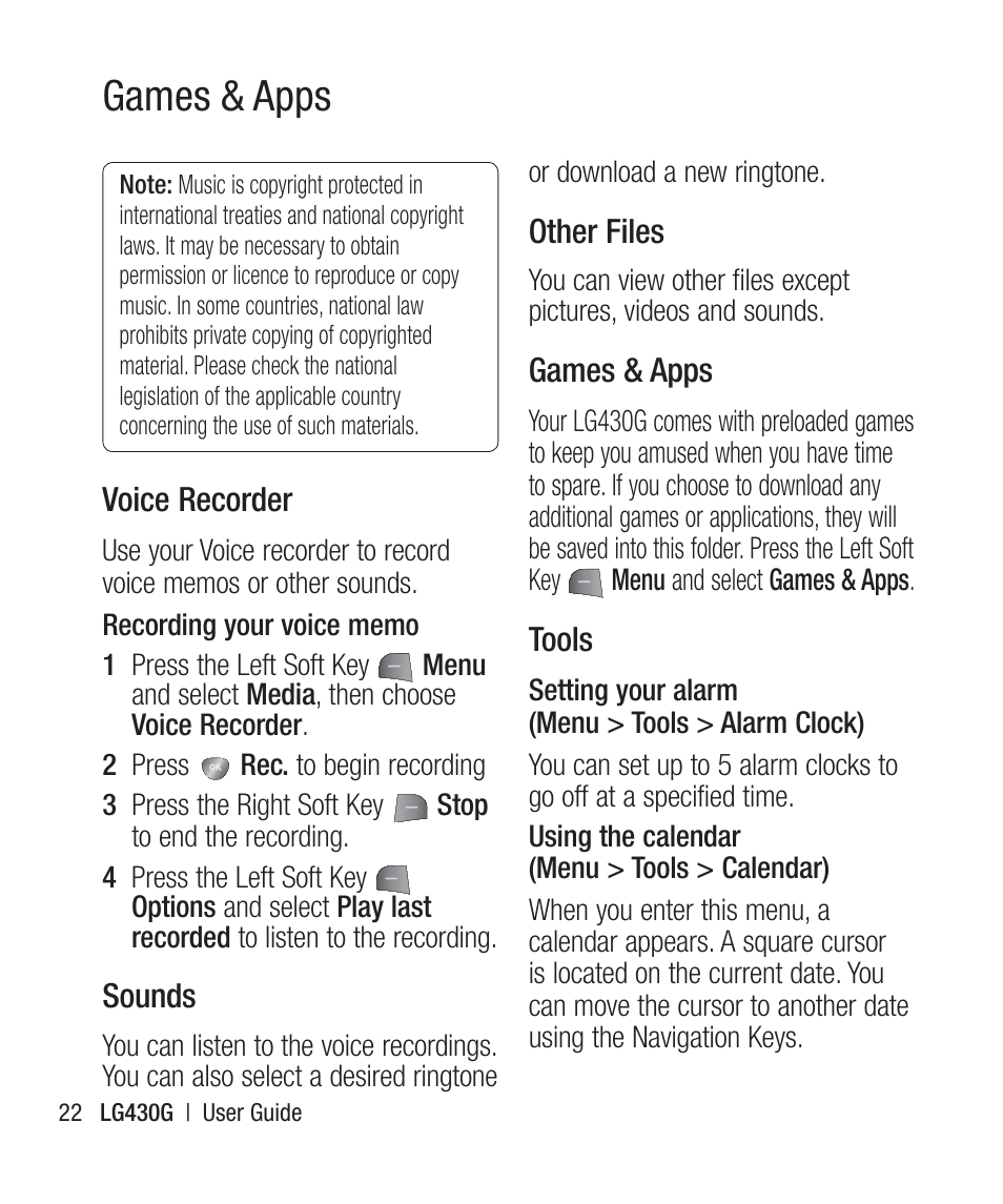 Games & apps, Voice recorder, Sounds | Other files, Tools | LG LG430G User Manual | Page 24 / 121