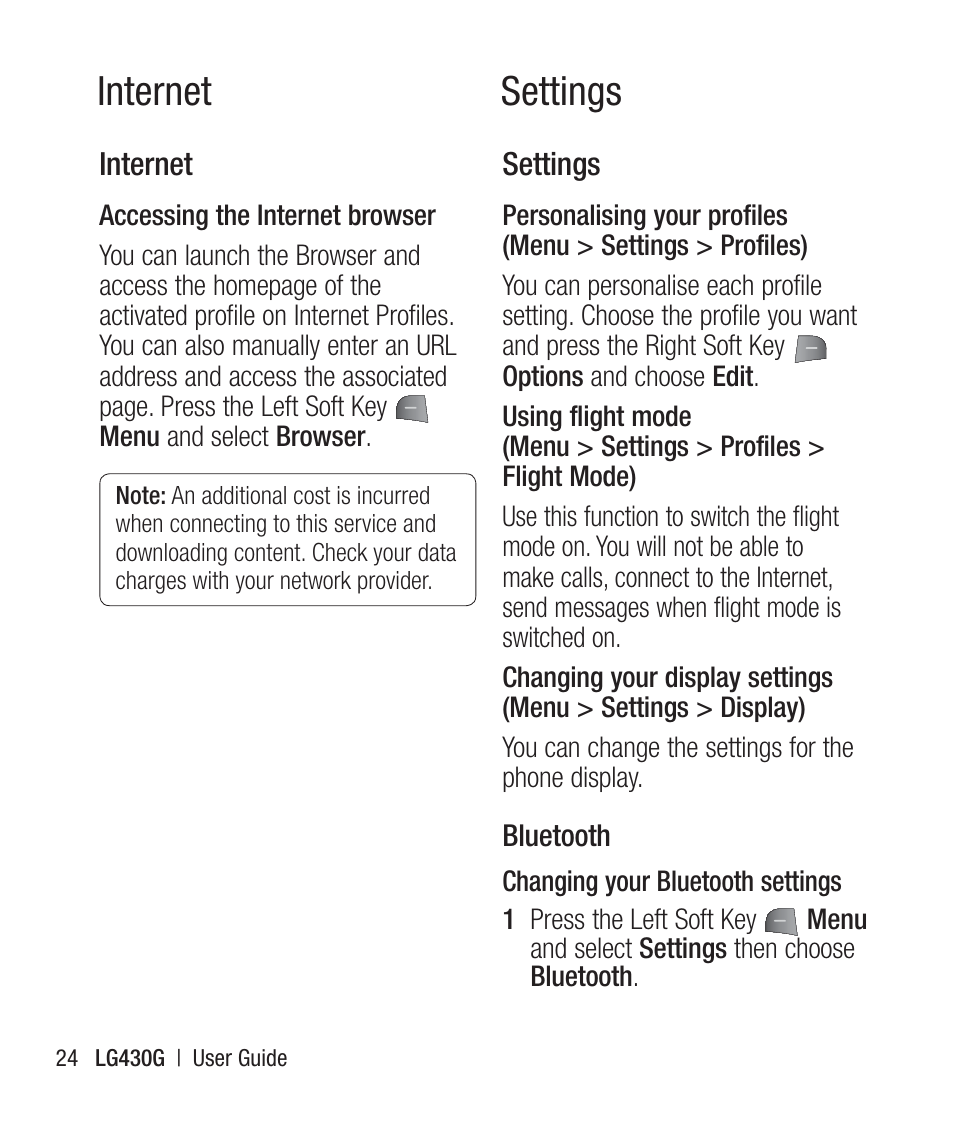 Internet, Accessing the internet browser, Settings | Bluetooth, Internet settings | LG LG430G User Manual | Page 26 / 121