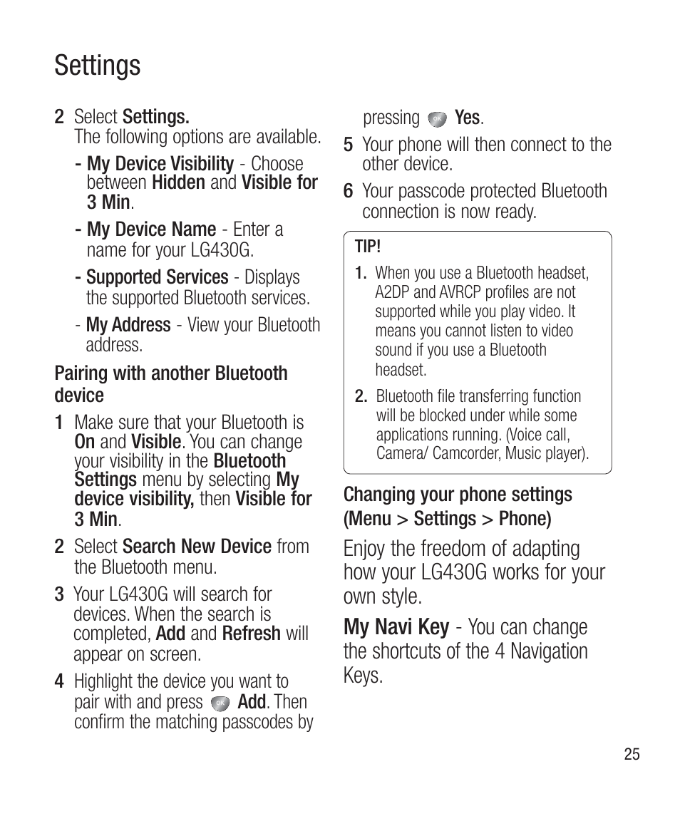 Pairing with another bluetoothdevice, Settings | LG LG430G User Manual | Page 27 / 121