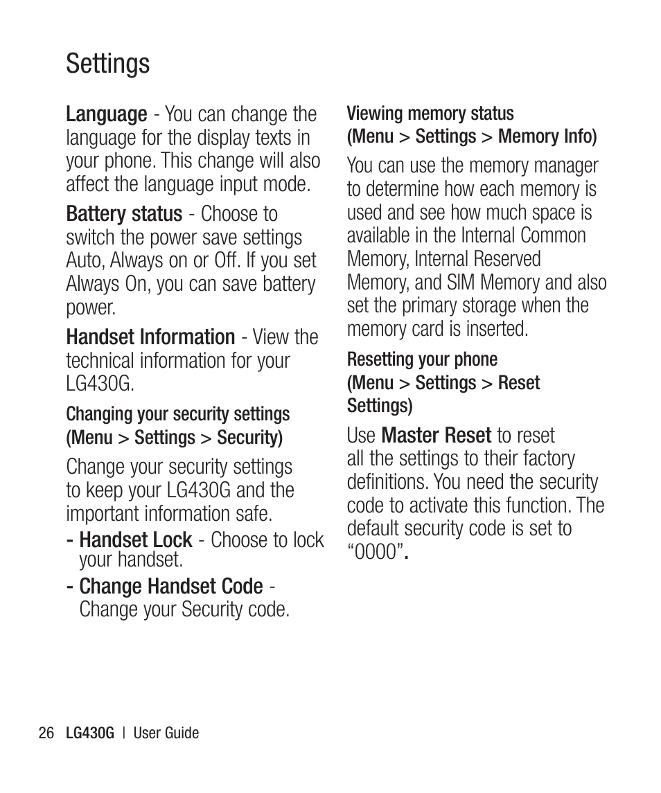 Settings | LG LG430G User Manual | Page 28 / 121