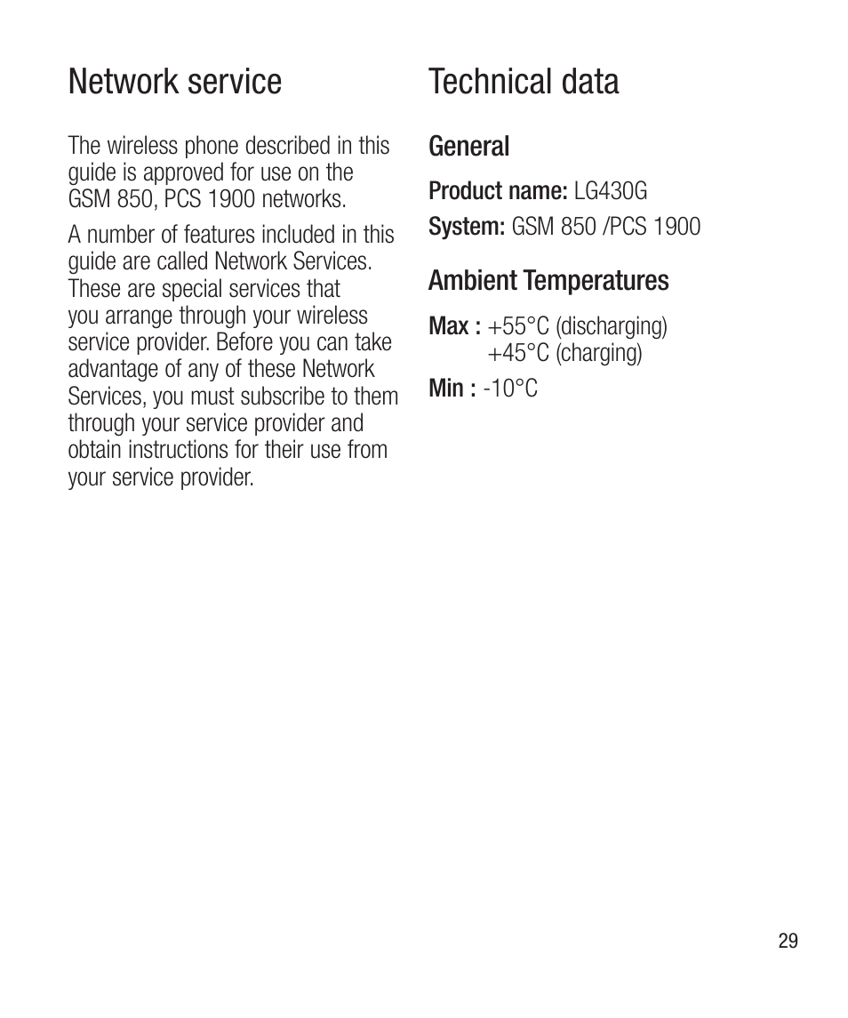 Network service, Technical data | LG LG430G User Manual | Page 31 / 121