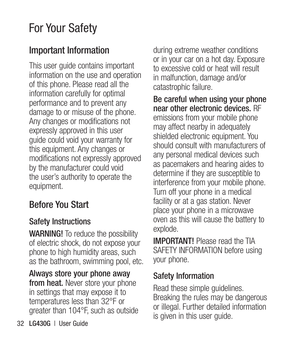 For your safety | LG LG430G User Manual | Page 34 / 121