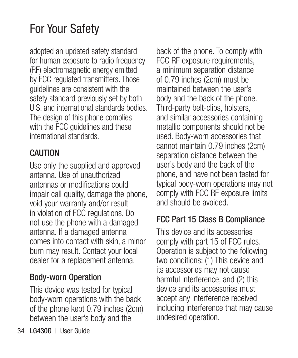 For your safety | LG LG430G User Manual | Page 36 / 121