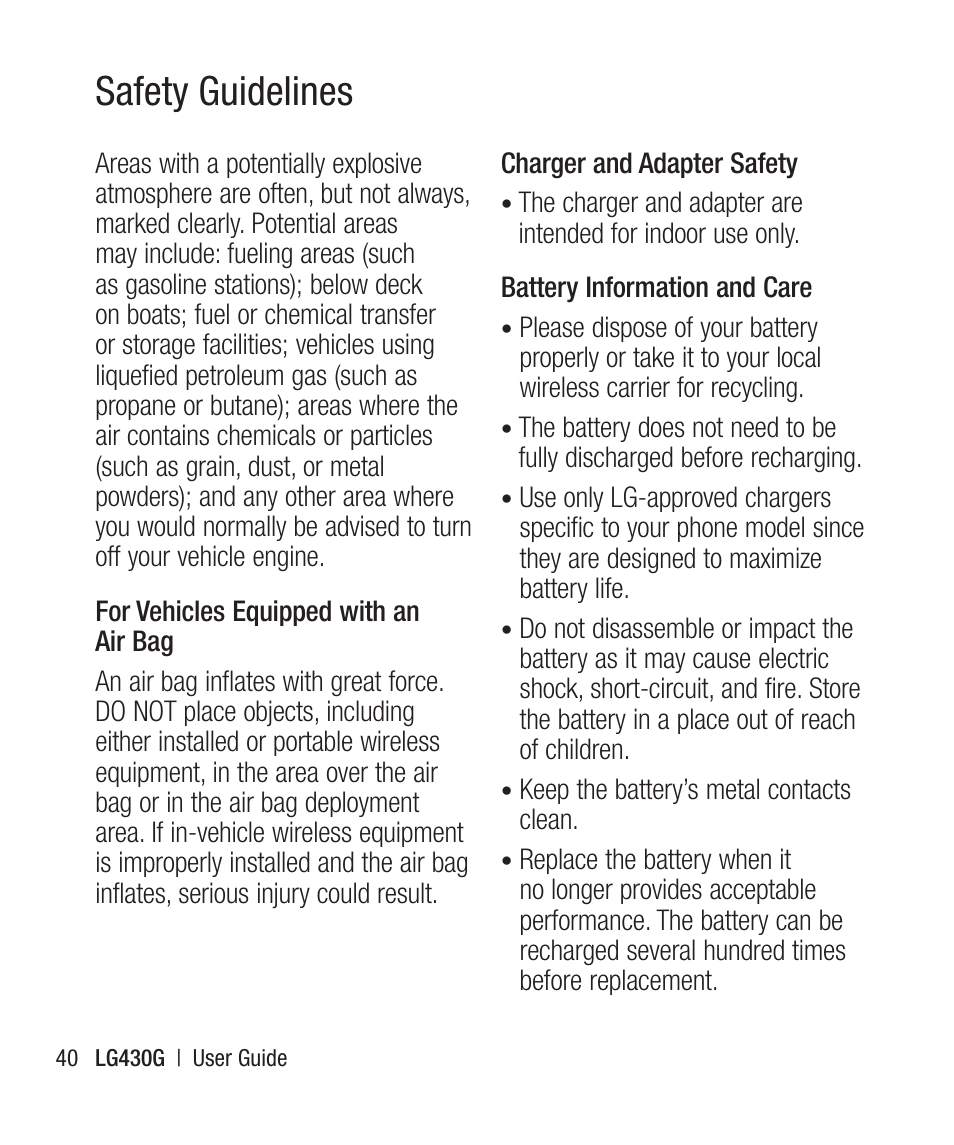Safety guidelines | LG LG430G User Manual | Page 42 / 121