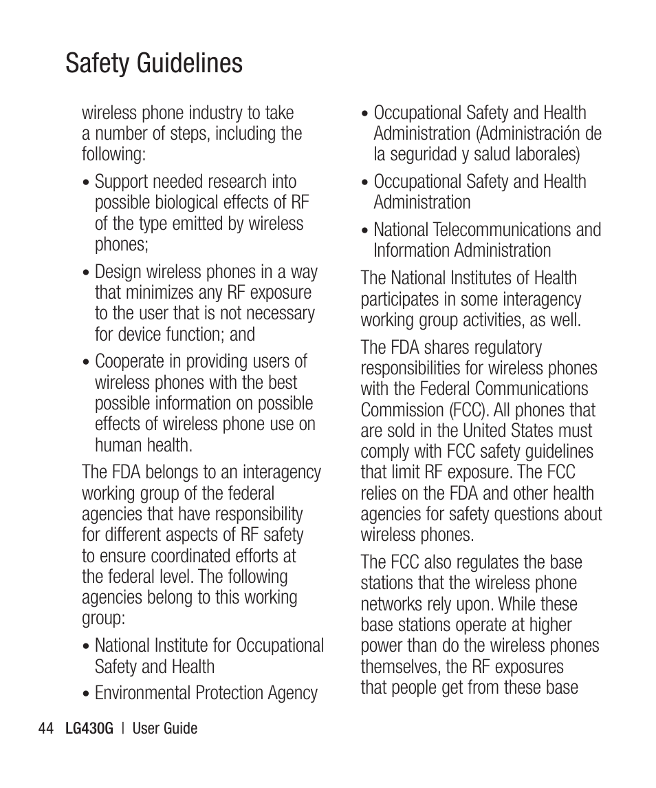 Safety guidelines | LG LG430G User Manual | Page 46 / 121