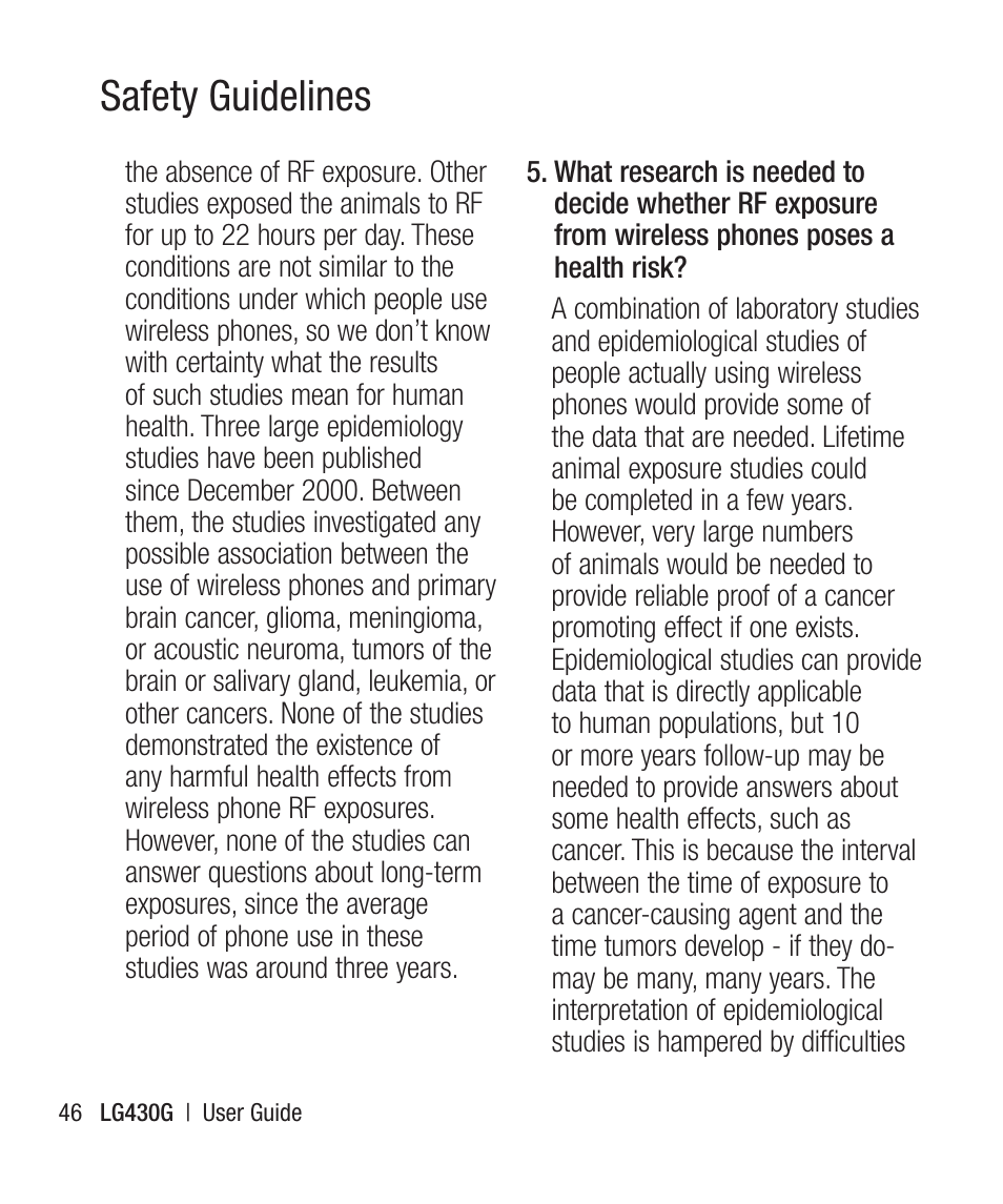 Safety guidelines | LG LG430G User Manual | Page 48 / 121