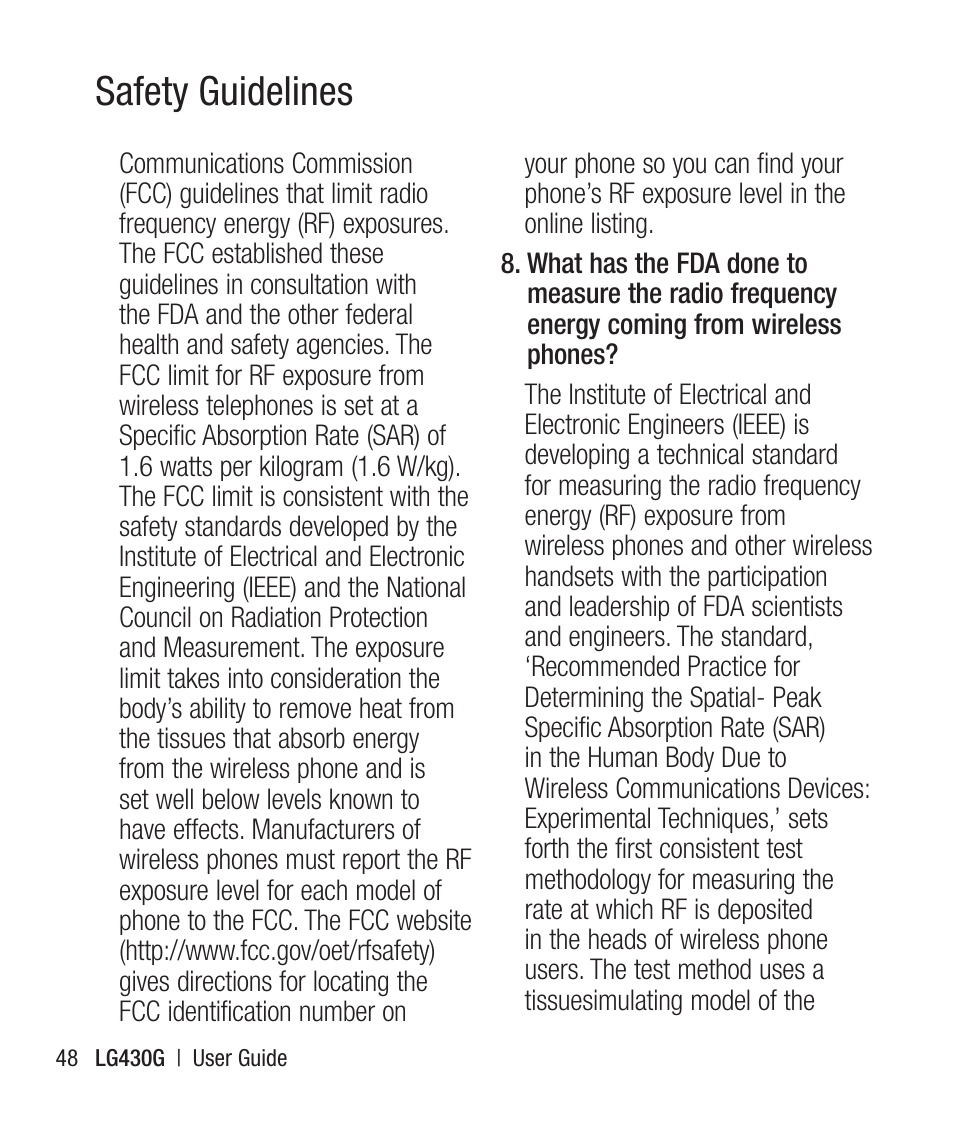Safety guidelines | LG LG430G User Manual | Page 50 / 121