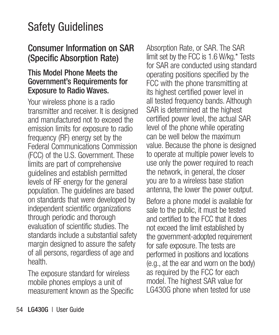 Safety guidelines | LG LG430G User Manual | Page 56 / 121