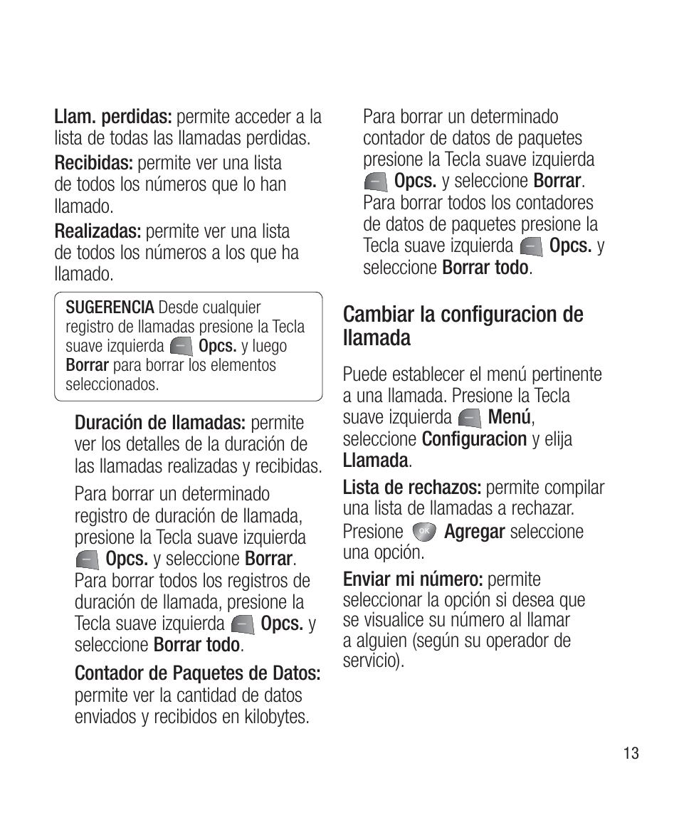 Cambiar la configuracion dellamada, Cambiar la configuracion de llamada | LG LG430G User Manual | Page 72 / 121