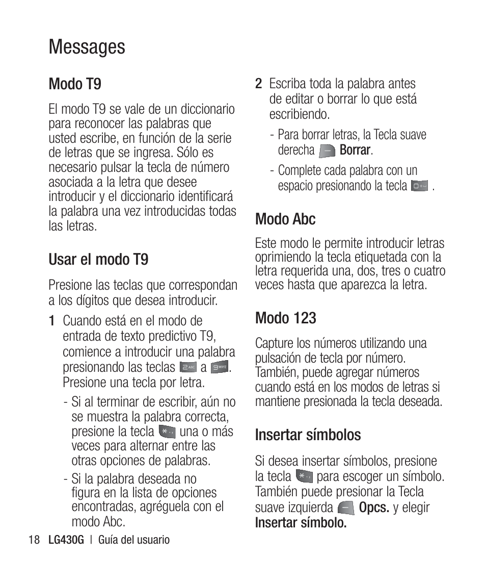 Modo t9, Usar el modo t9, Modo abc | Modo 123, Insertar símbolos, Messages | LG LG430G User Manual | Page 77 / 121