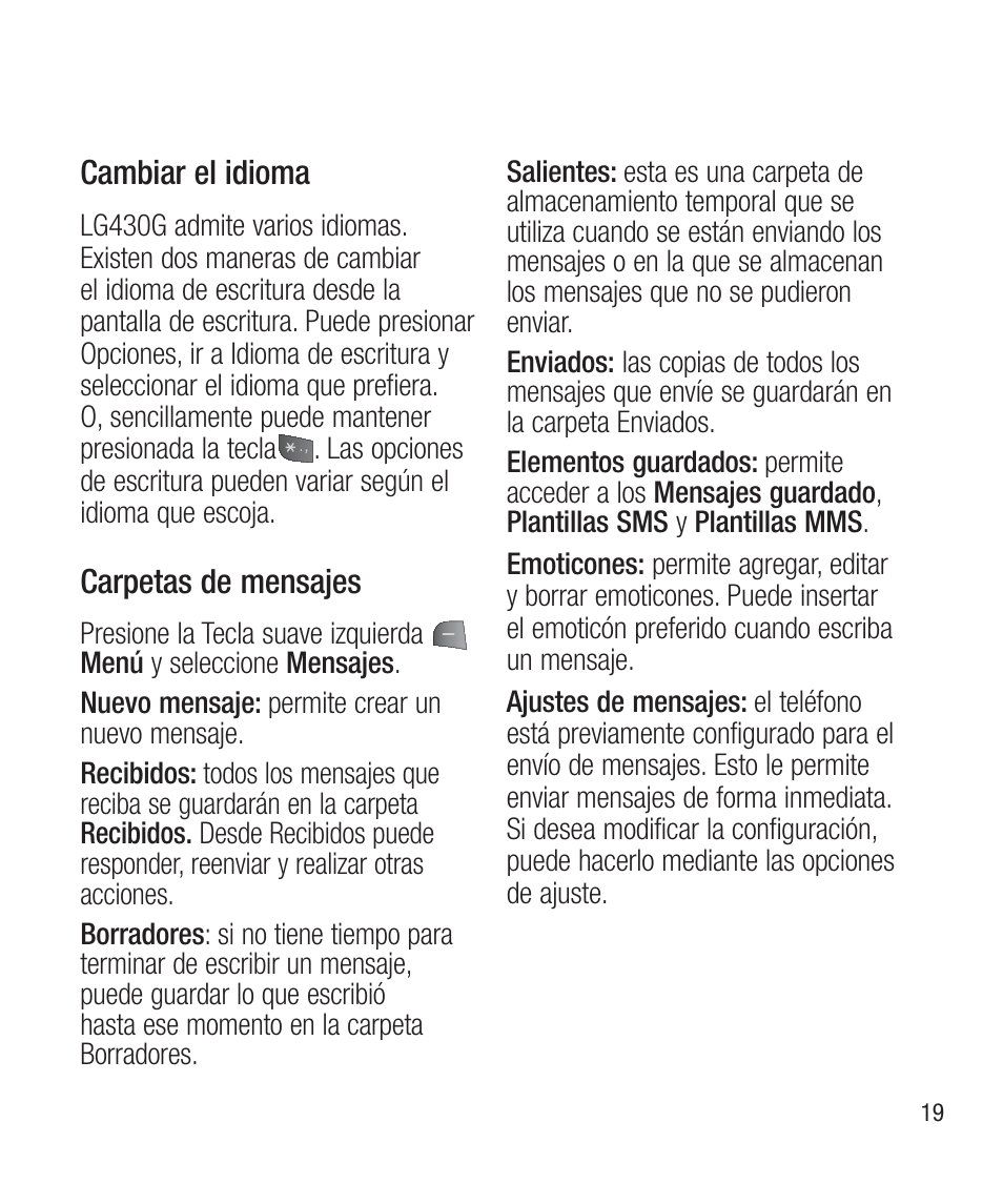 Cambiar el idioma, Carpetas de mensajes | LG LG430G User Manual | Page 78 / 121